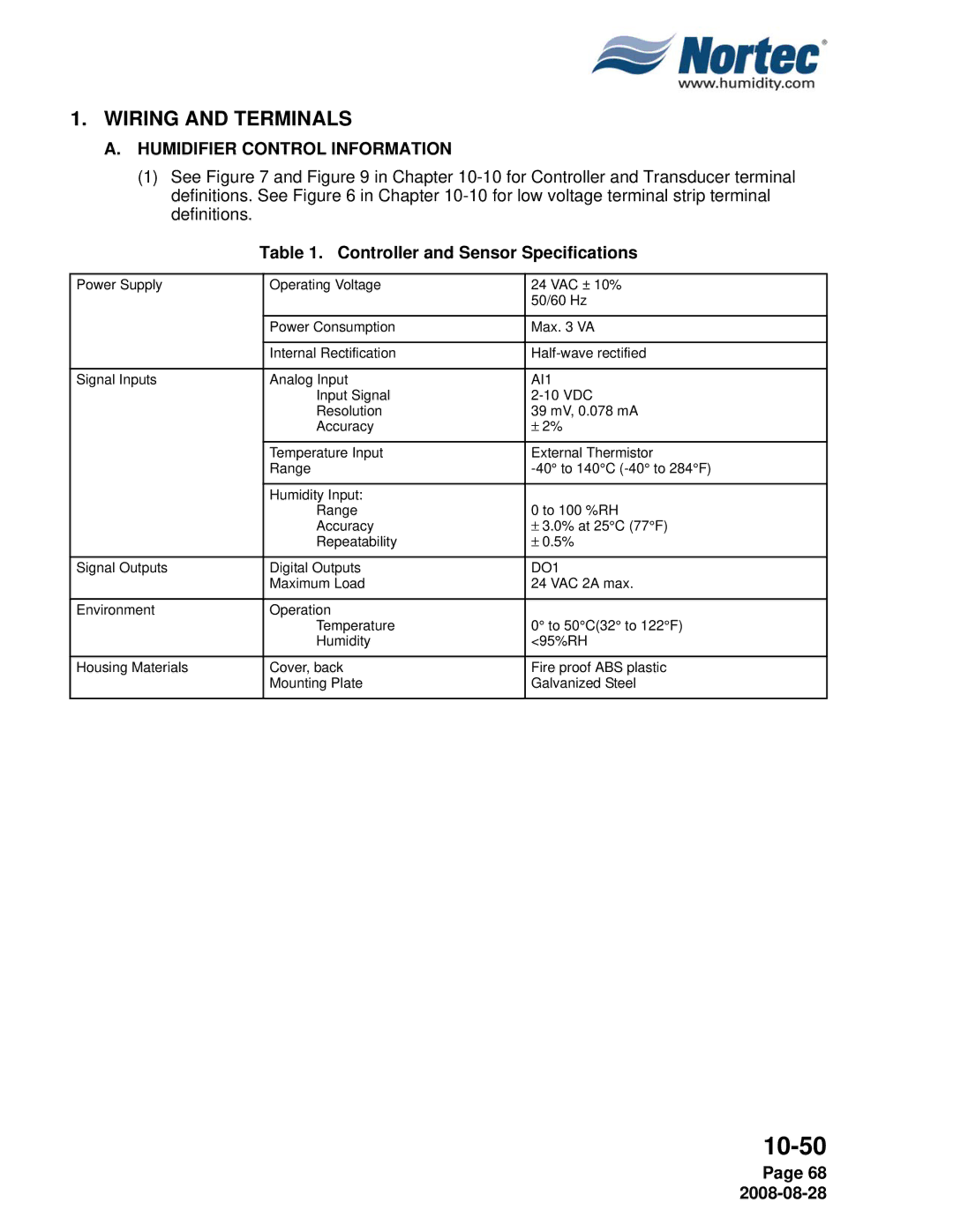 Nortec NH Series Wiring and Terminals, Humidifier Control Information, Controller and Sensor Specifications 