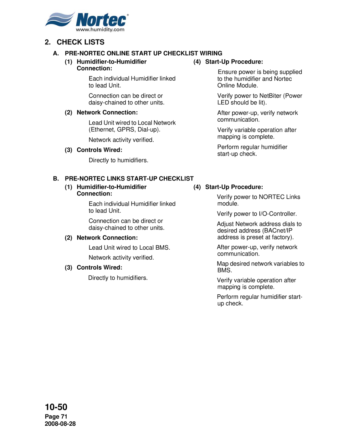 Nortec NH Series Check Lists, PRE-NORTEC Online Start UP Checklist Wiring, PRE-NORTEC Links START-UP Checklist 