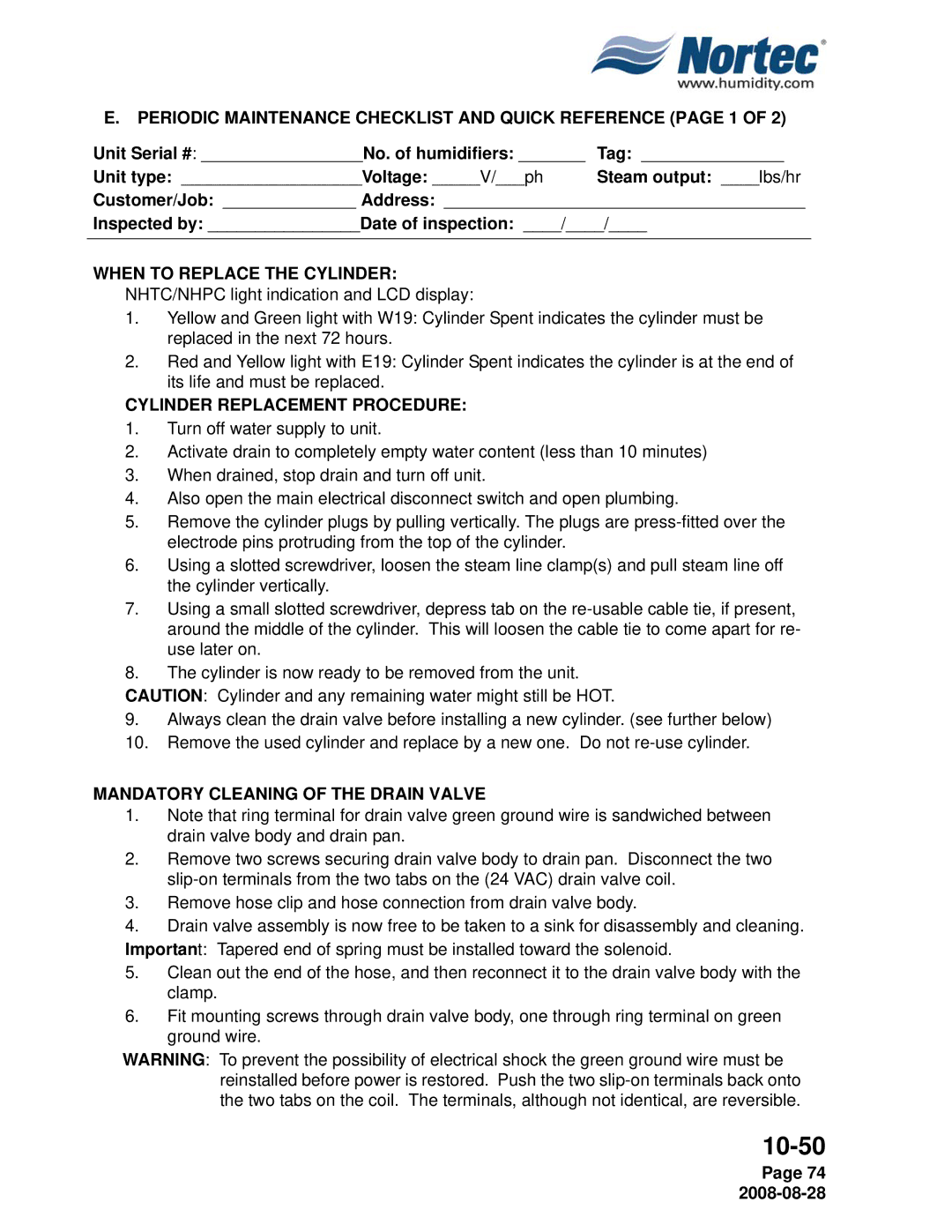 Nortec NH Series Periodic Maintenance Checklist and Quick Reference page 1, When to Replace the Cylinder 