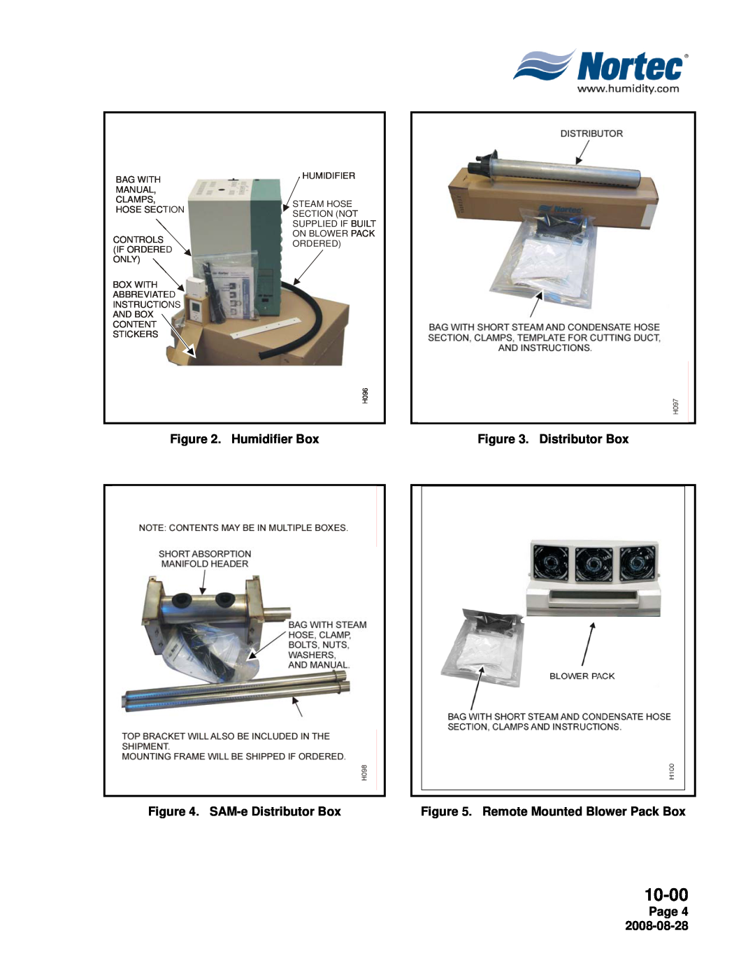 Nortec NH Series installation manual 10-00, Humidifier Box, SAM-eDistributor Box, Remote Mounted Blower Pack Box, Page 4 