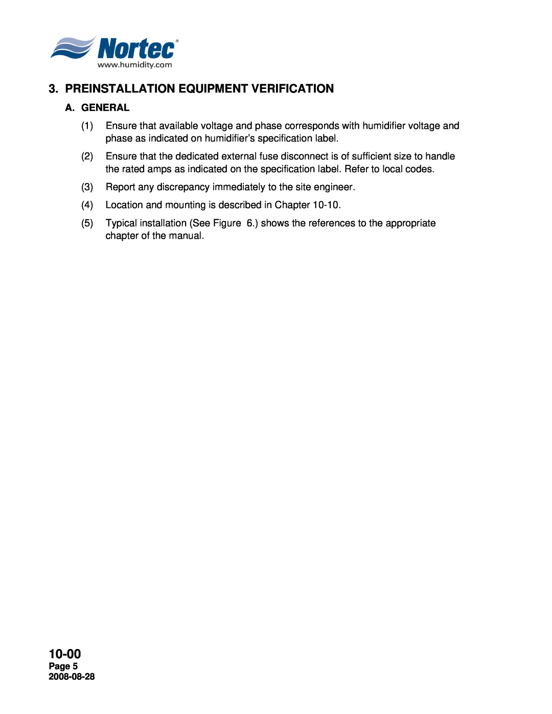 Nortec NH Series installation manual Preinstallation Equipment Verification, 10-00, A.General 