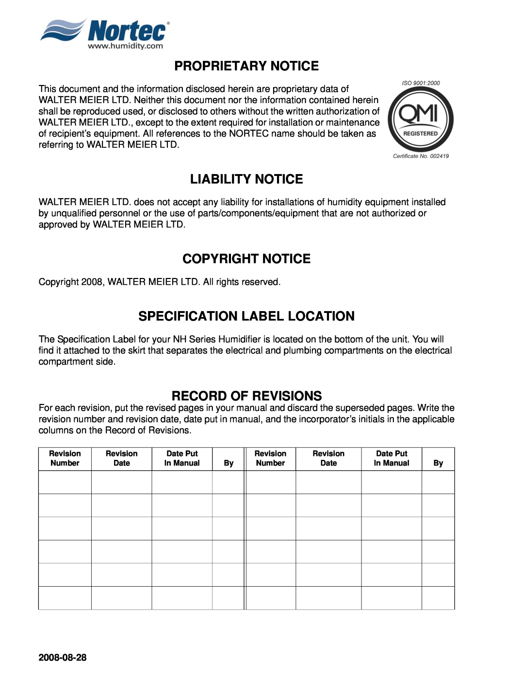 Nortec NH Series Proprietary Notice, Liability Notice, Copyright Notice, Specification Label Location, Record Of Revisions 