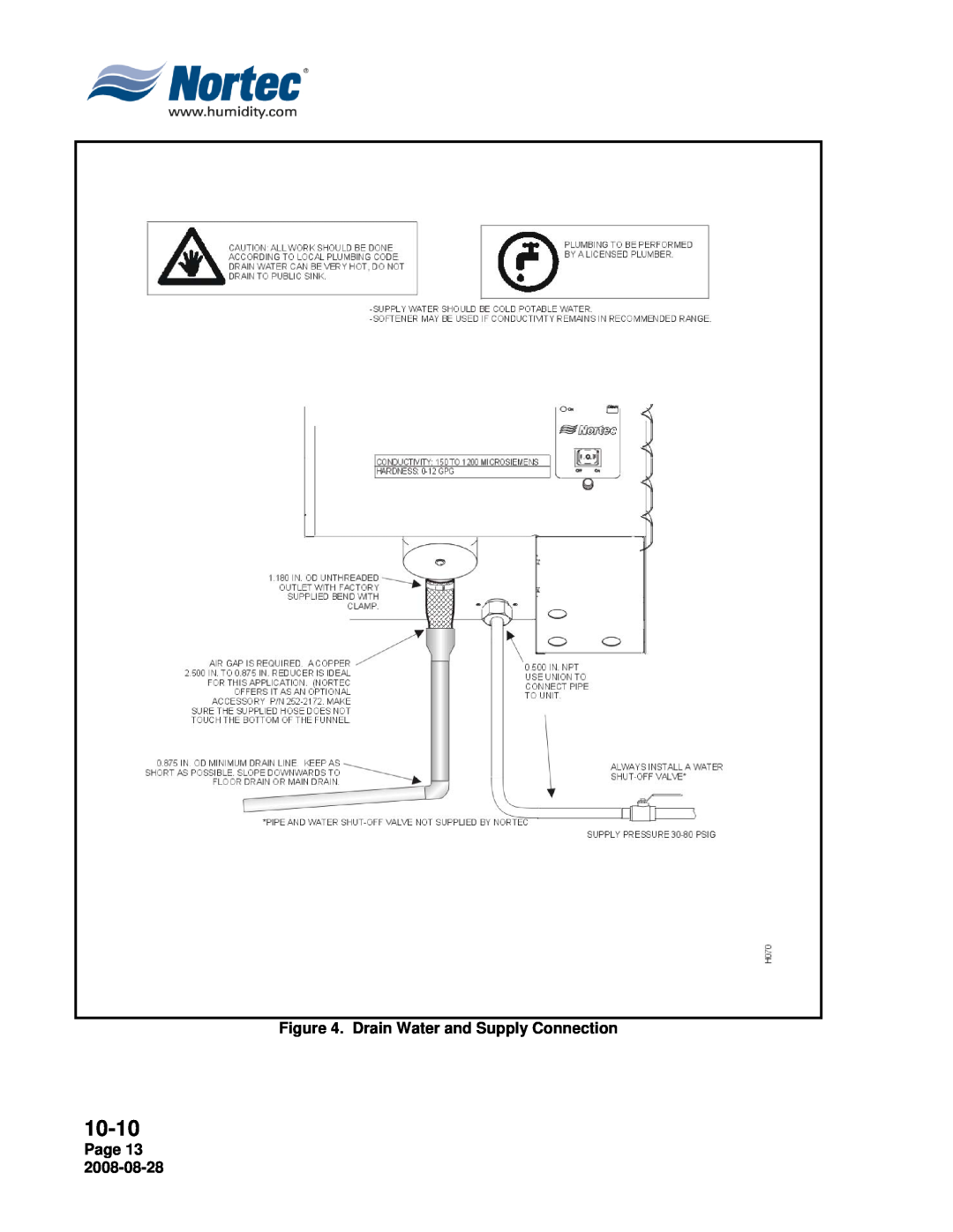 Nortec NH Series installation manual 10-10, Drain Water and Supply Connection, Page 13 