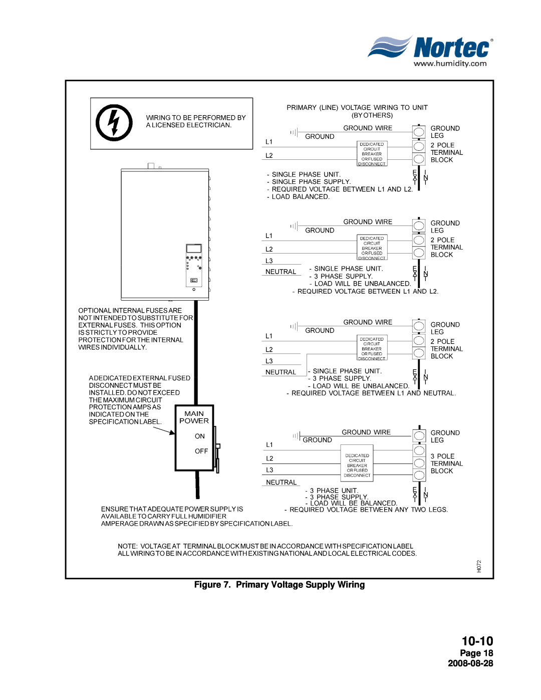 Nortec NH Series installation manual 10-10, Primary Voltage Supply Wiring, Page 18 
