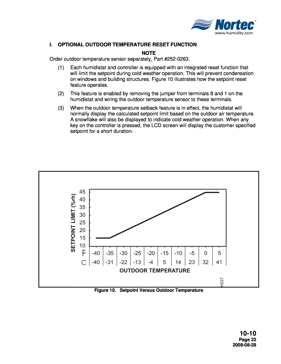 Nortec NH Series I.Optional Outdoor Temperature Reset Function, 10-10, Setpoint Versus Outdoor Temperature, Page 22 