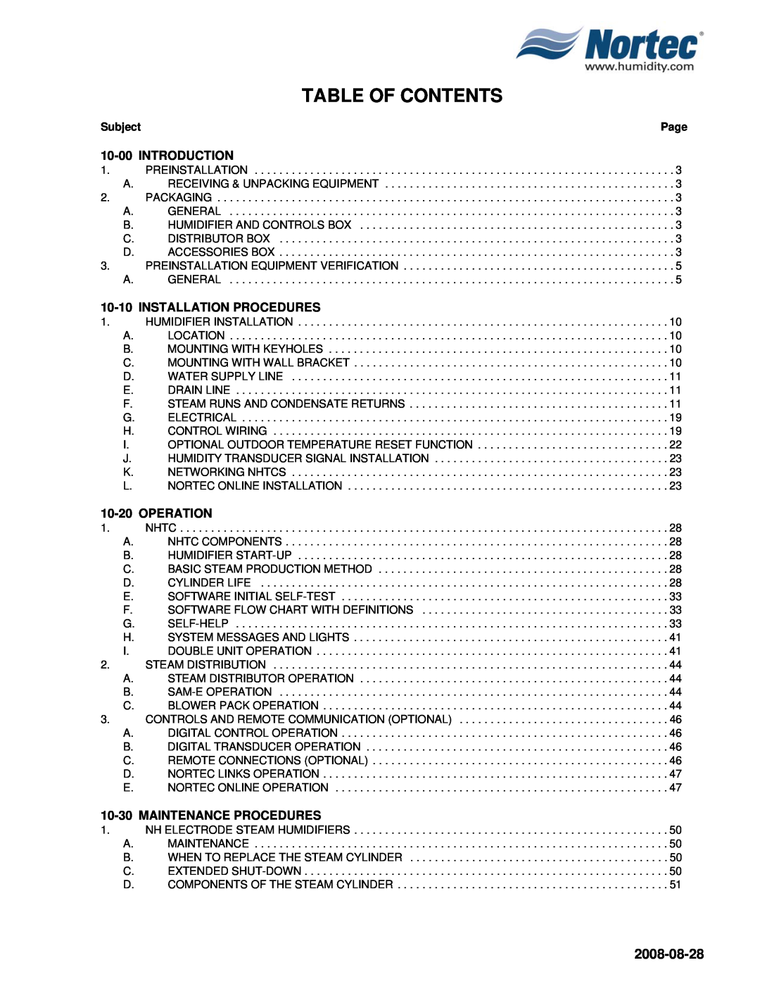 Nortec NH Series Table Of Contents, 2008-08-28, 10-00INTRODUCTION, 10-10INSTALLATION PROCEDURES, 10-20OPERATION, Subject 