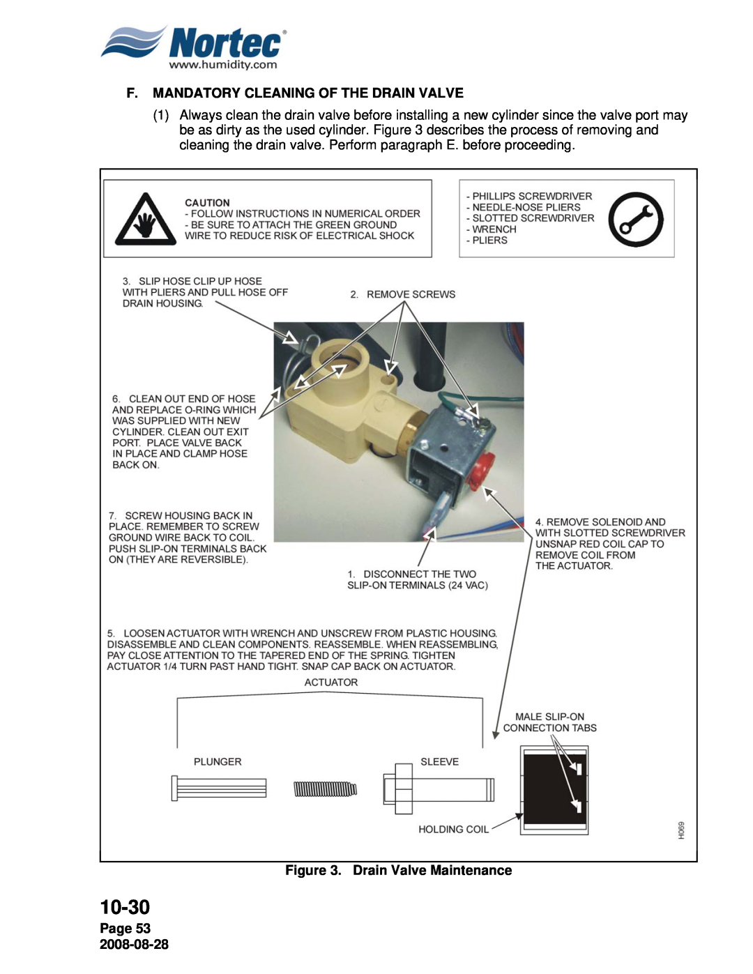 Nortec NH Series installation manual F.Mandatory Cleaning Of The Drain Valve, Drain Valve Maintenance, Page 53, 10-30 