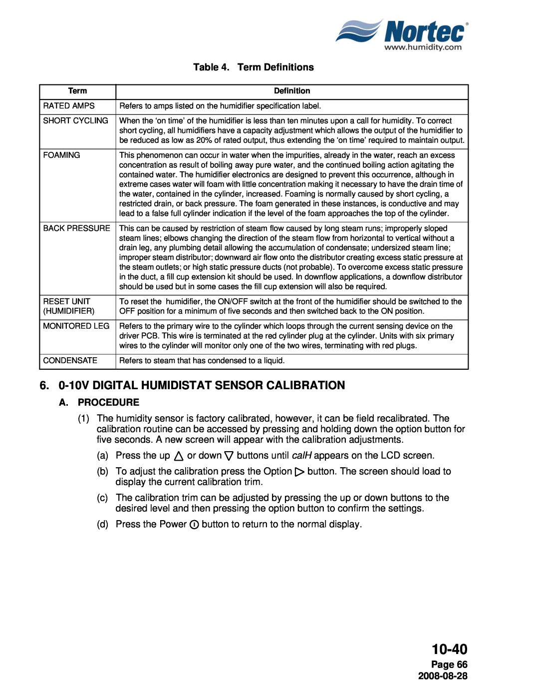 Nortec NH Series 6.0-10VDIGITAL HUMIDISTAT SENSOR CALIBRATION, Term Definitions, Page 66, 10-40, A.Procedure 