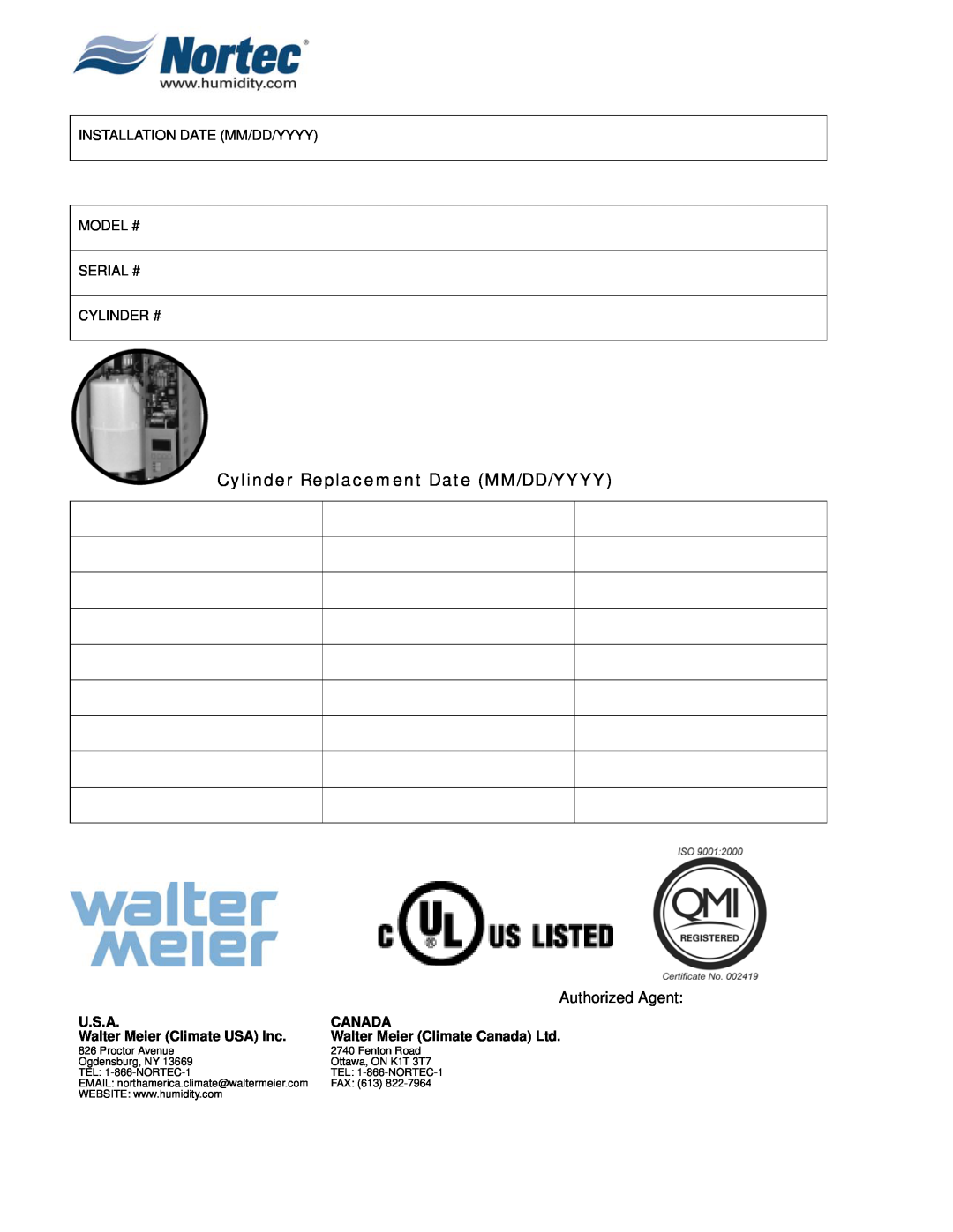 Nortec NH Series Cylinder Replacement Date MM/DD/YYYY, U.S.A, Canada, Walter Meier Climate USA Inc, Proctor Avenue 