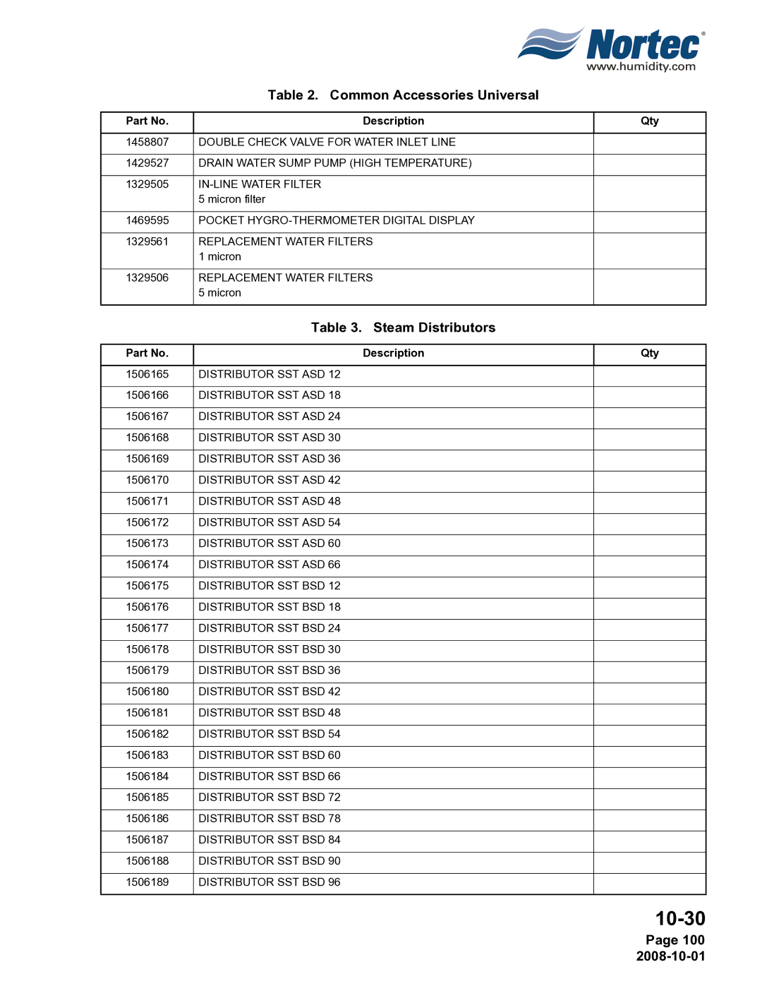 Nortec NHPC, NHTC manual Common Accessories Universal, Steam Distributors, 100 