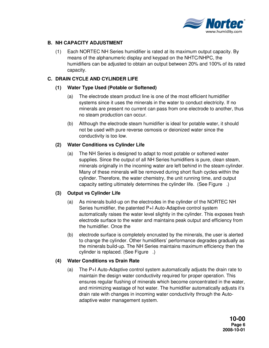 Nortec NHPC, NHTC manual NH Capacity Adjustment, Drain Cycle and Cylinder Life 