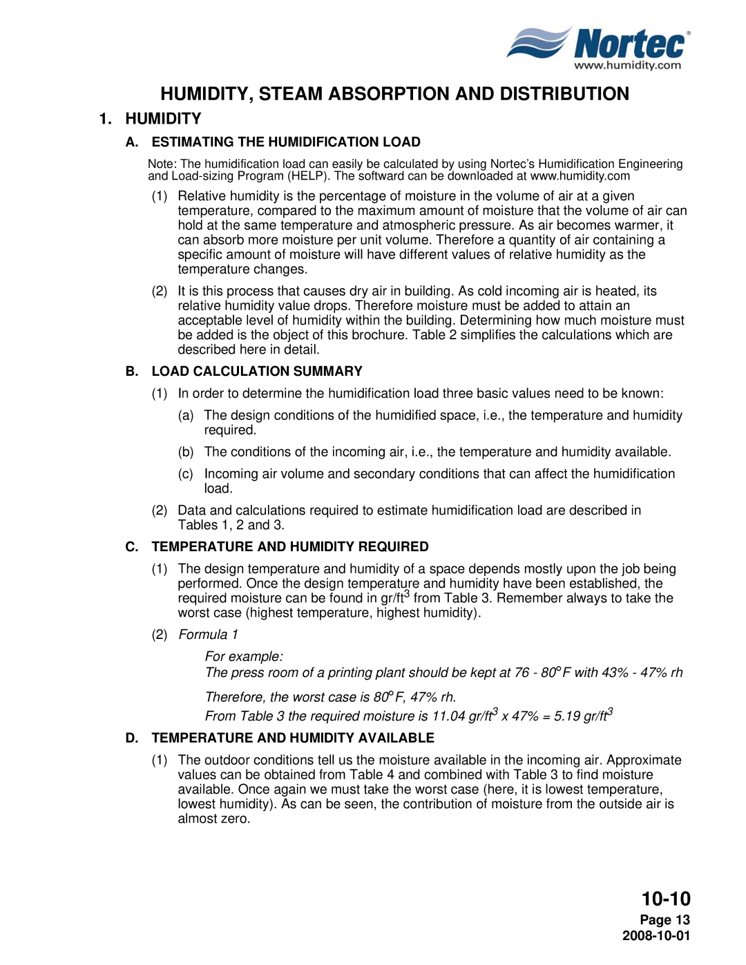 Nortec NHTC, NHPC manual Estimating the Humidification Load, Load Calculation Summary, Temperature and Humidity Required 