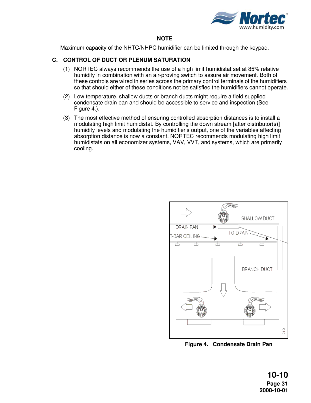 Nortec NHTC, NHPC manual Control of Duct or Plenum Saturation, Condensate Drain Pan 