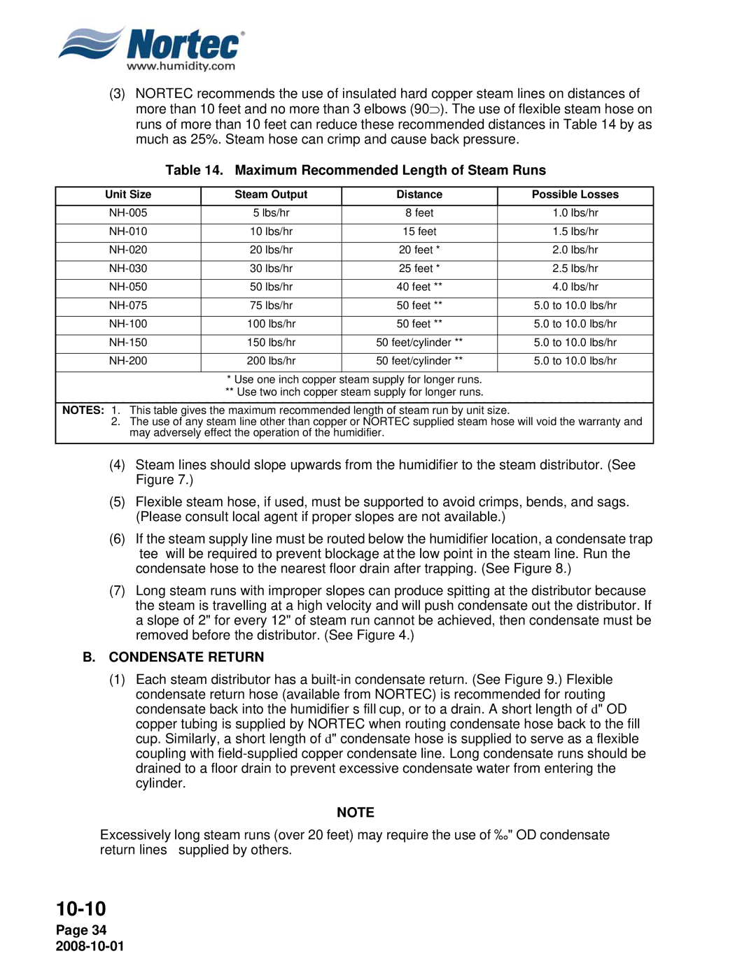 Nortec NHPC Maximum Recommended Length of Steam Runs, Condensate Return, Unit Size Steam Output Distance Possible Losses 