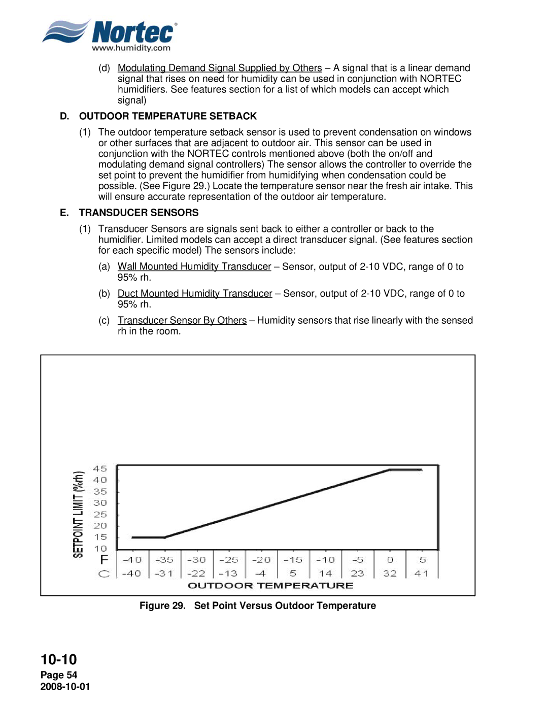 Nortec NHPC, NHTC manual Outdoor Temperature Setback, Transducer Sensors 