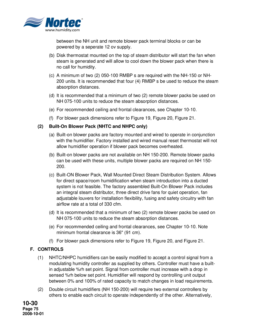 Nortec NHTC, NHPC manual Built-On Blower Pack Nhtc and Nhpc only, Controls 