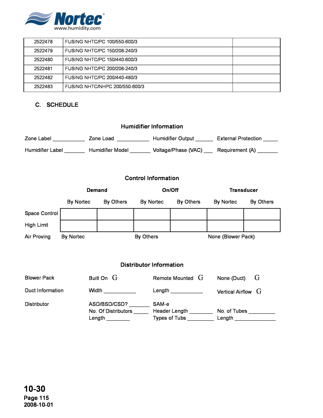 Nortec NHTC, NHPC manual 10-30, C. SCHEDULE Humidifier Information, Control Information, Distributor Information, Page 115 