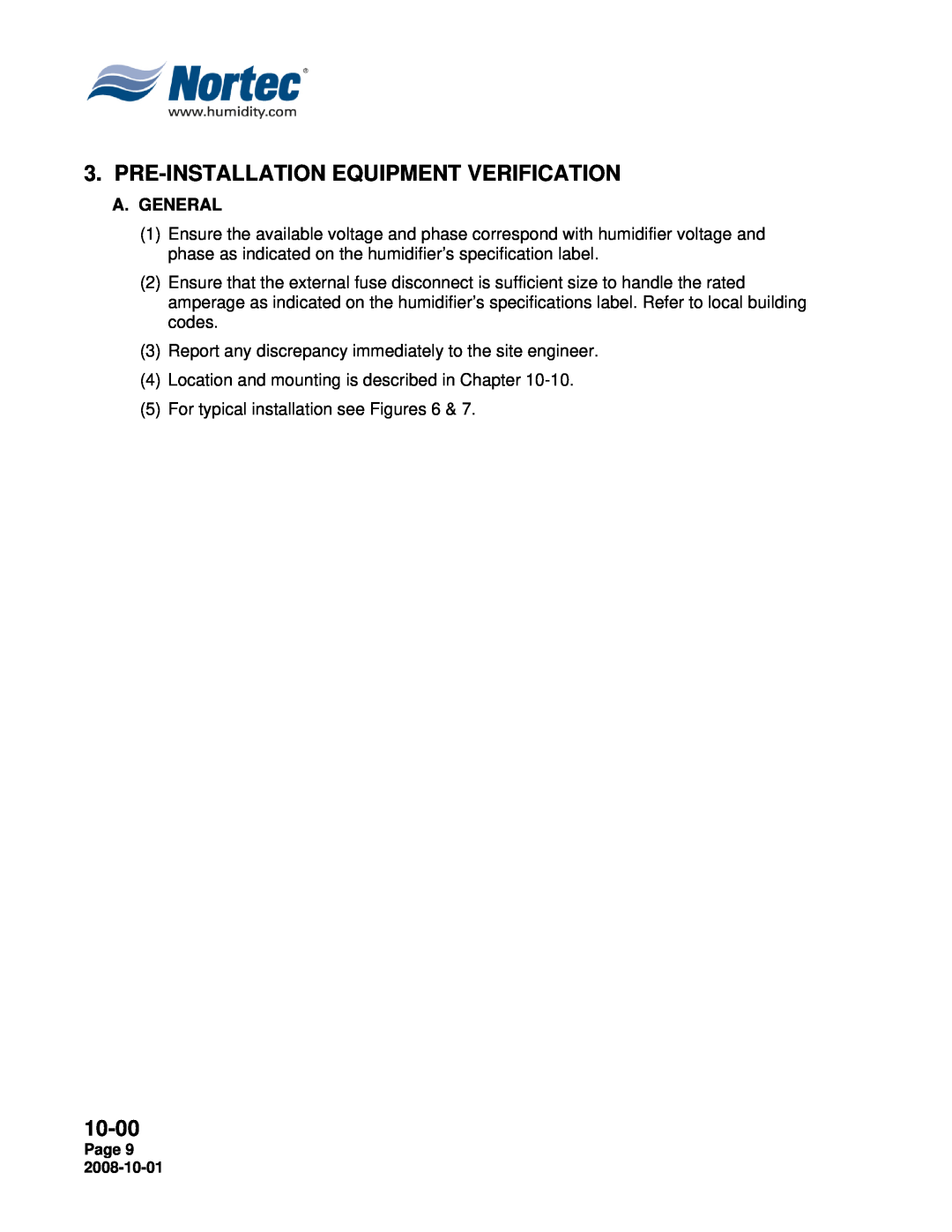 Nortec NHTC, NHPC manual Pre-Installationequipment Verification, 10-00, A.General 