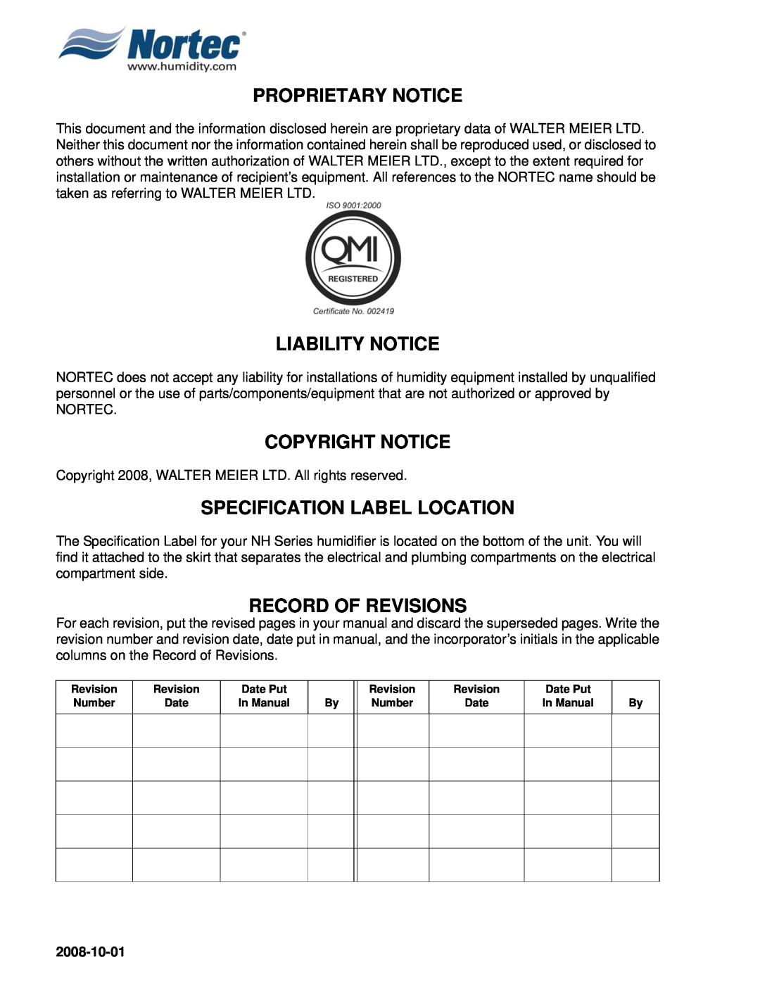Nortec NHPC Proprietary Notice, Liability Notice, Copyright Notice, Specification Label Location, Record Of Revisions 