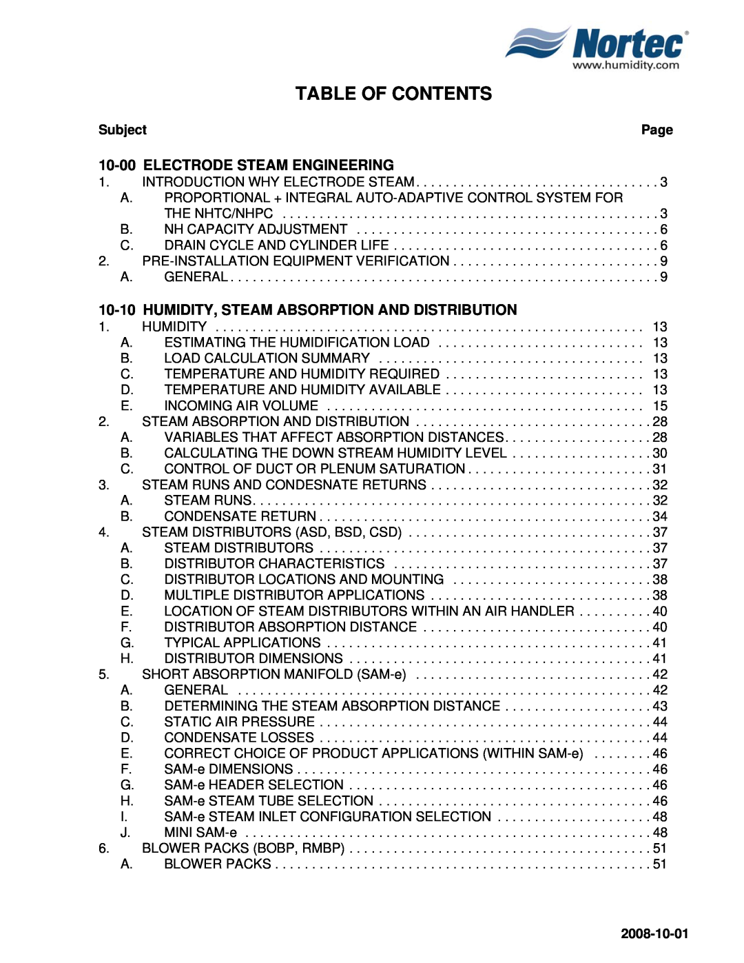 Nortec NHTC Table Of Contents, 10-00ELECTRODE STEAM ENGINEERING, 10-10HUMIDITY, STEAM ABSORPTION AND DISTRIBUTION, Subject 