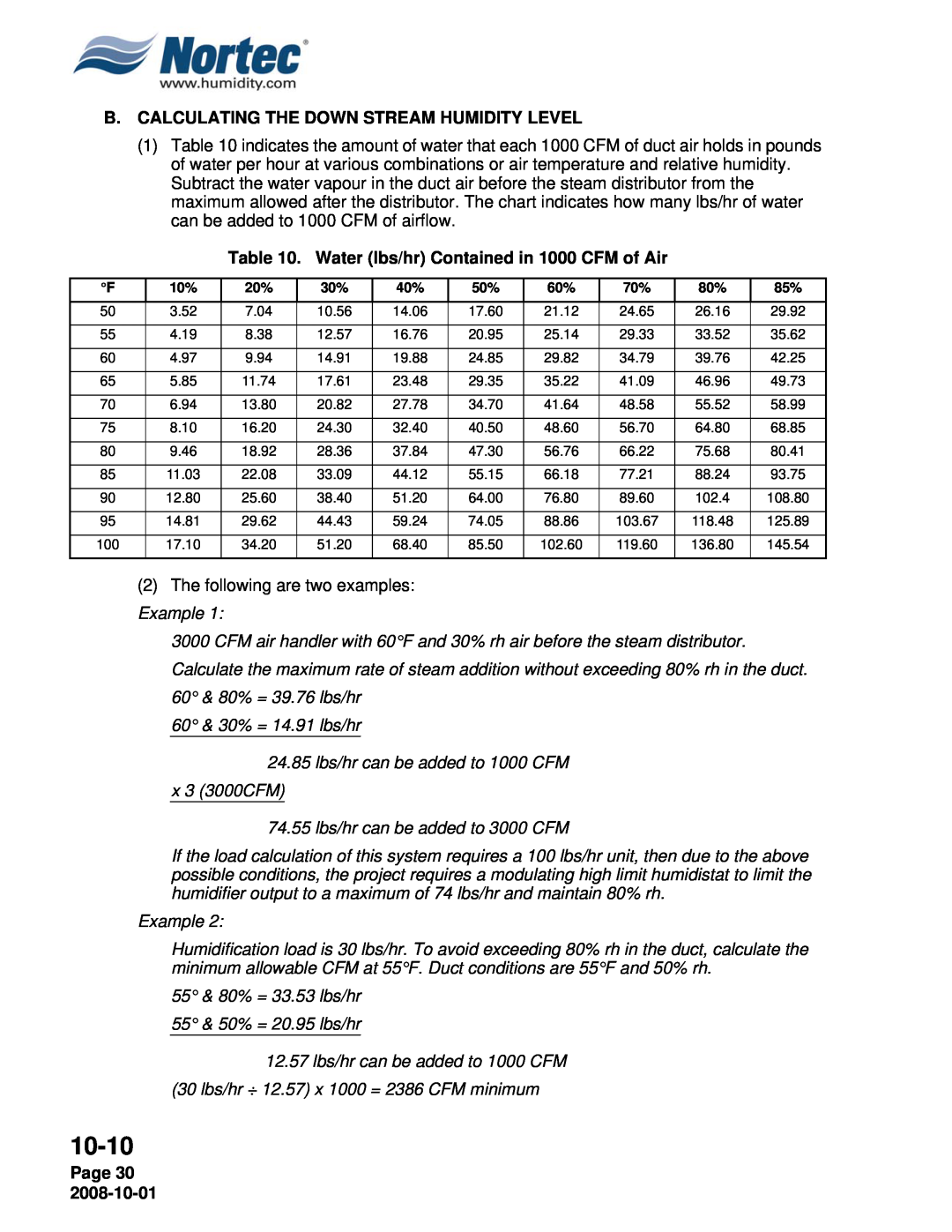 Nortec NHPC, NHTC 10-10, B.Calculating The Down Stream Humidity Level, 2The following are two examples: Example, Page 30 