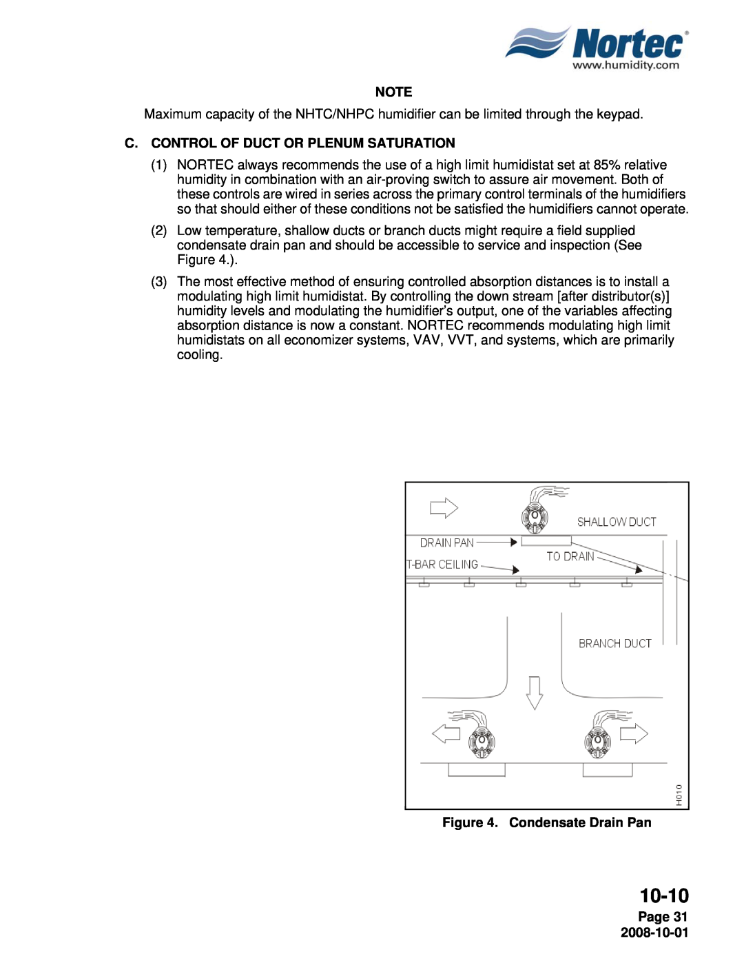 Nortec NHTC, NHPC manual 10-10, C.Control Of Duct Or Plenum Saturation, Condensate Drain Pan, Page 31 