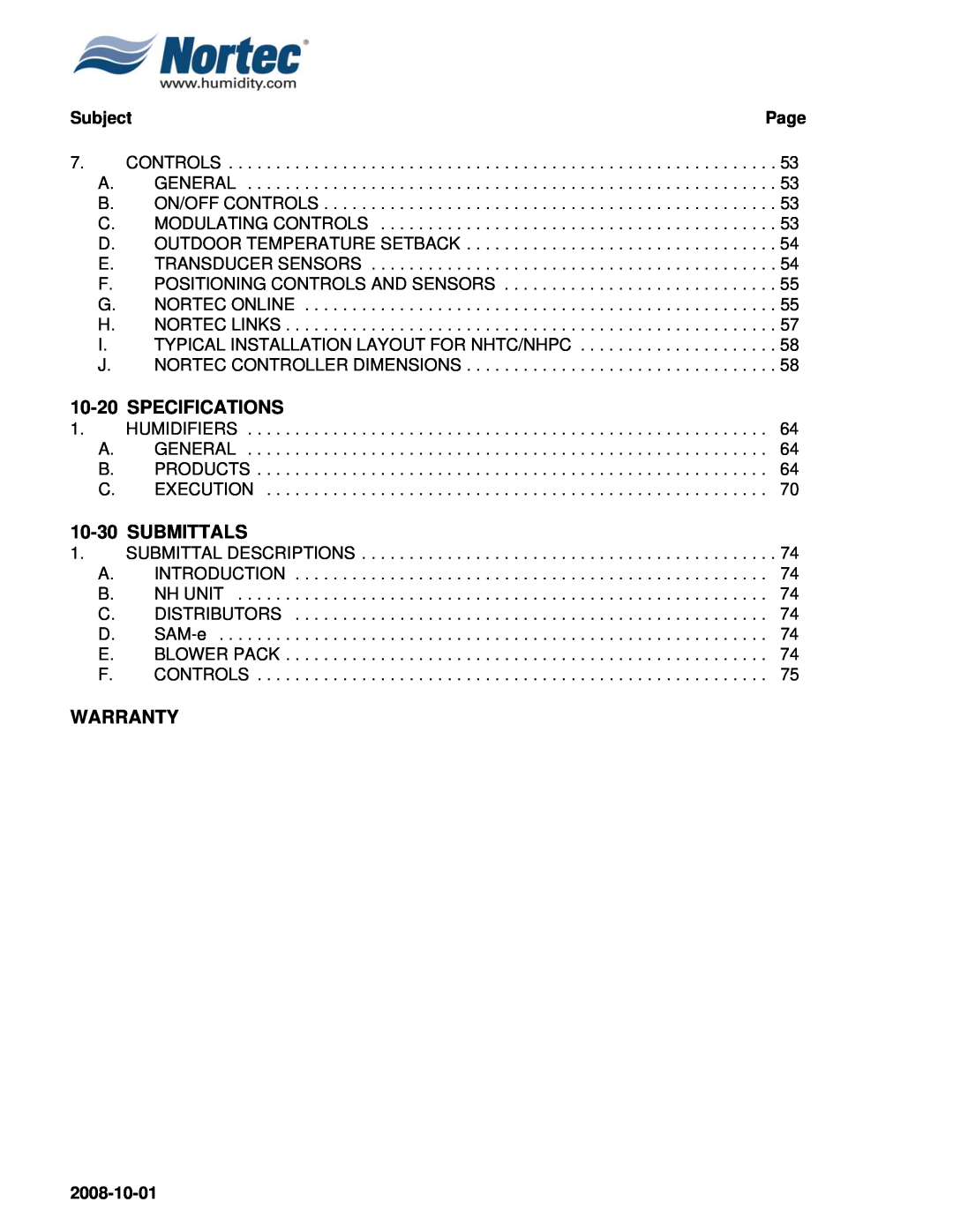 Nortec NHPC, NHTC manual 10-20SPECIFICATIONS, 10-30SUBMITTALS, Warranty, Subject, 2008-10-01 