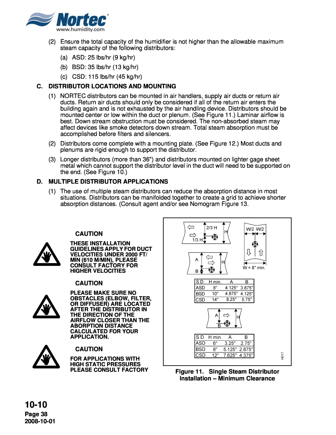 Nortec NHPC, NHTC manual 10-10, C.Distributor Locations And Mounting, D.Multiple Distributor Applications, Page 38 