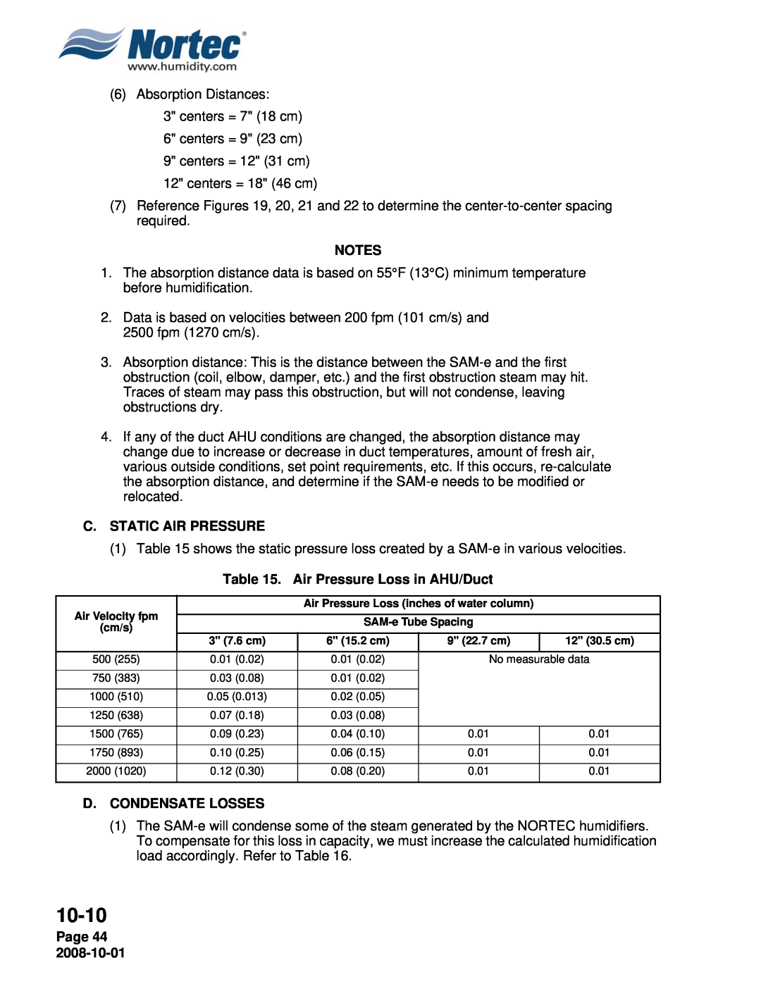 Nortec NHPC, NHTC manual 10-10, Notes, C.Static Air Pressure, Air Pressure Loss in AHU/Duct, D.Condensate Losses, Page 44 