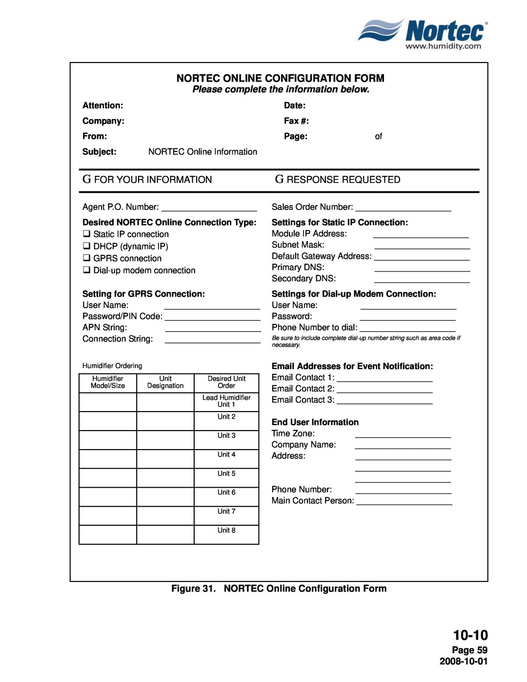 Nortec NHTC, NHPC manual 10-10, Nortec Online Configuration Form, G For Your Information, G Response Requested, Page 59 