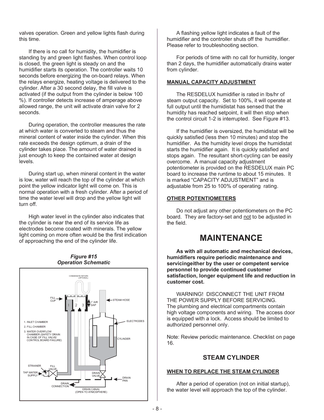 Nortec RESDELUX manual Maintenance, Steam Cylinder, Manual Capacity Adjustment, Other Potentiometers 