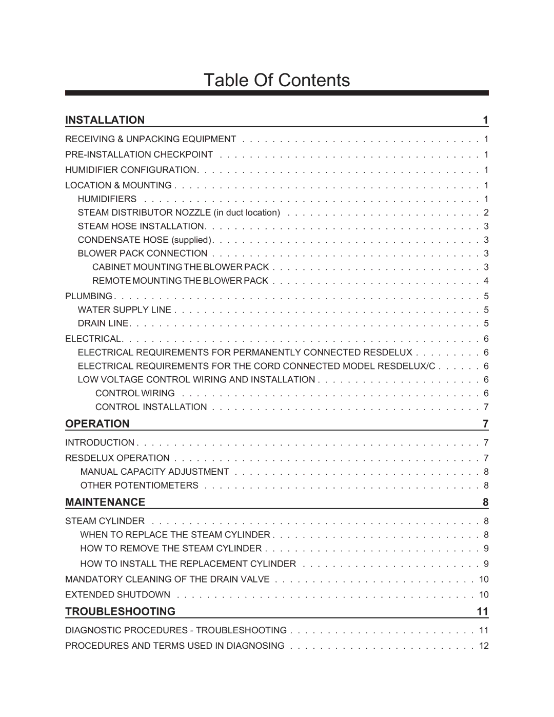 Nortec RESDELUX manual Table Of Contents 