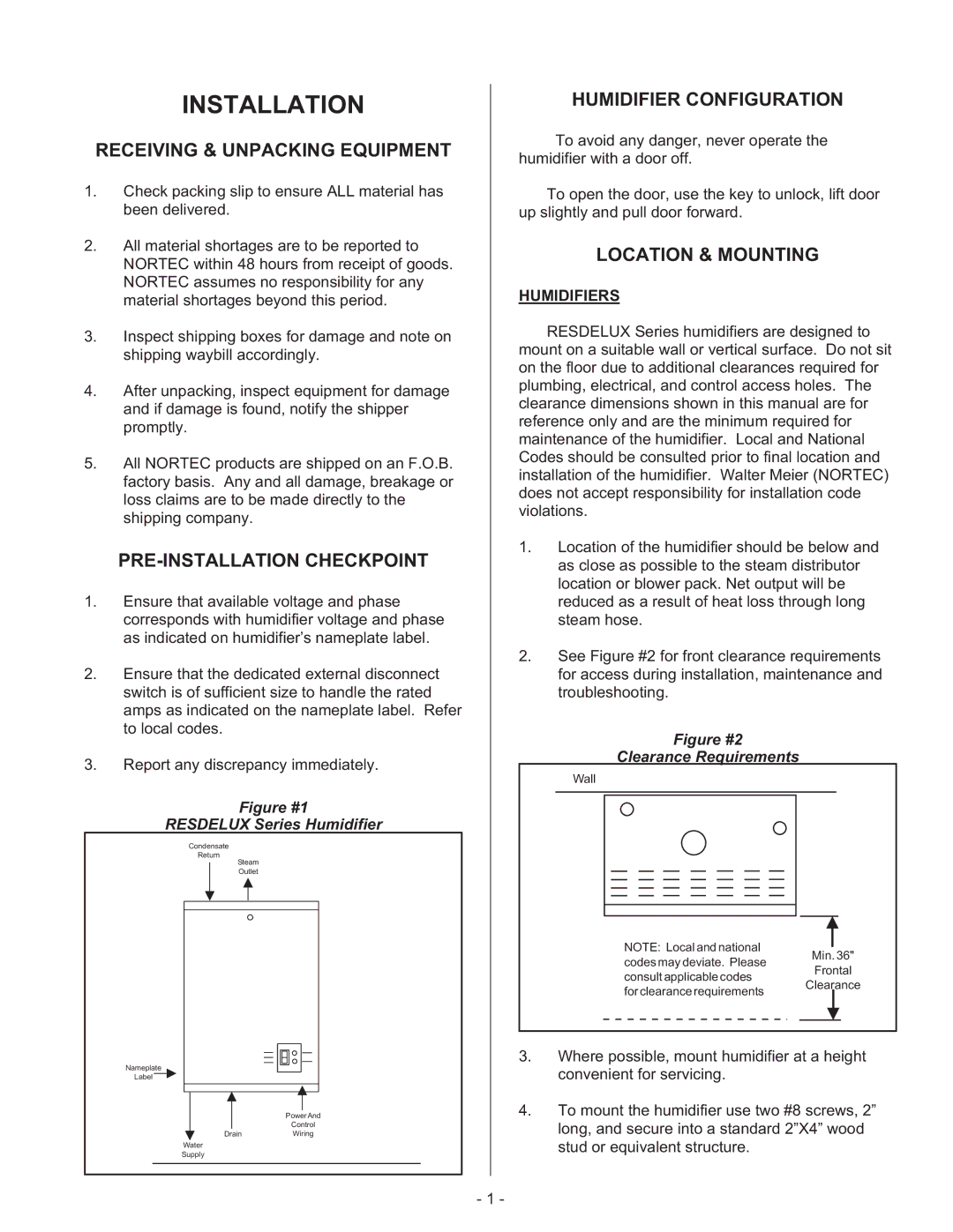 Nortec RESDELUX manual Installation, Receiving & Unpacking Equipment, PRE-INSTALLATION Checkpoint, Humidifier Configuration 