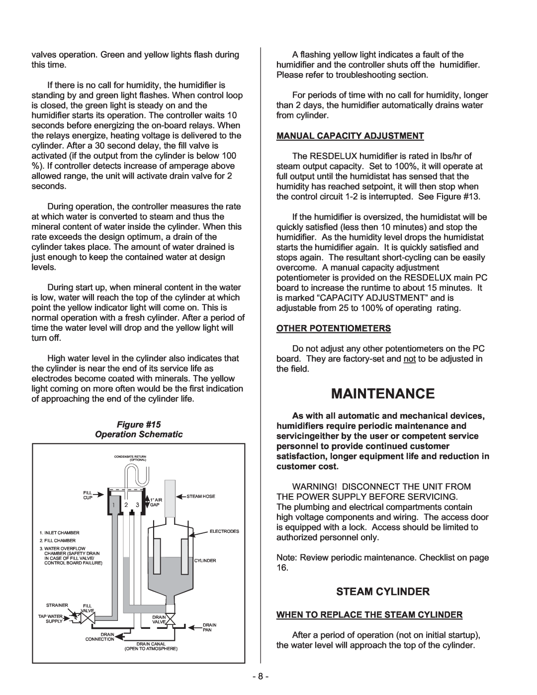 Nortec RESDELUX manual Maintenance, Steam Cylinder, Figure #15 Operation Schematic, Manual Capacity Adjustment 