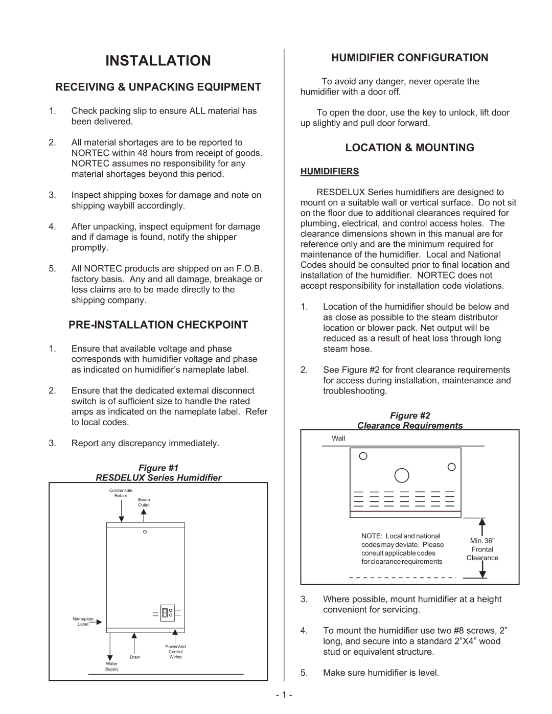 Nortec Steam Humidifiers Installation, Receiving & Unpacking Equipment, PRE-INSTALLATION Checkpoint, Location & Mounting 