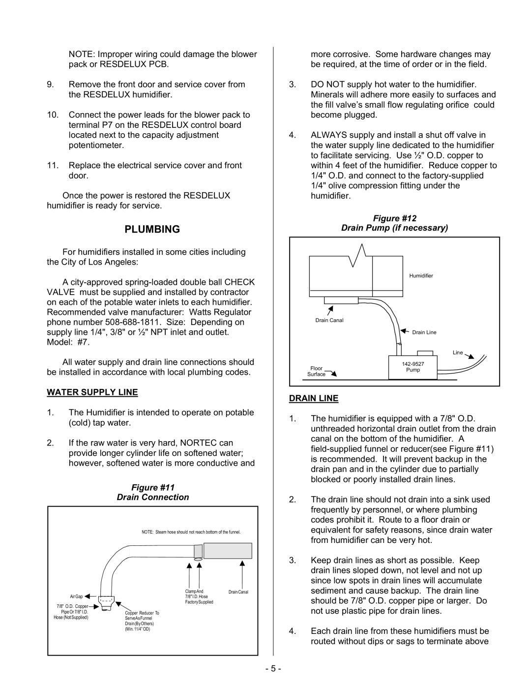 Nortec Steam Humidifiers manual Plumbing, Water Supply Line, Drain Line 