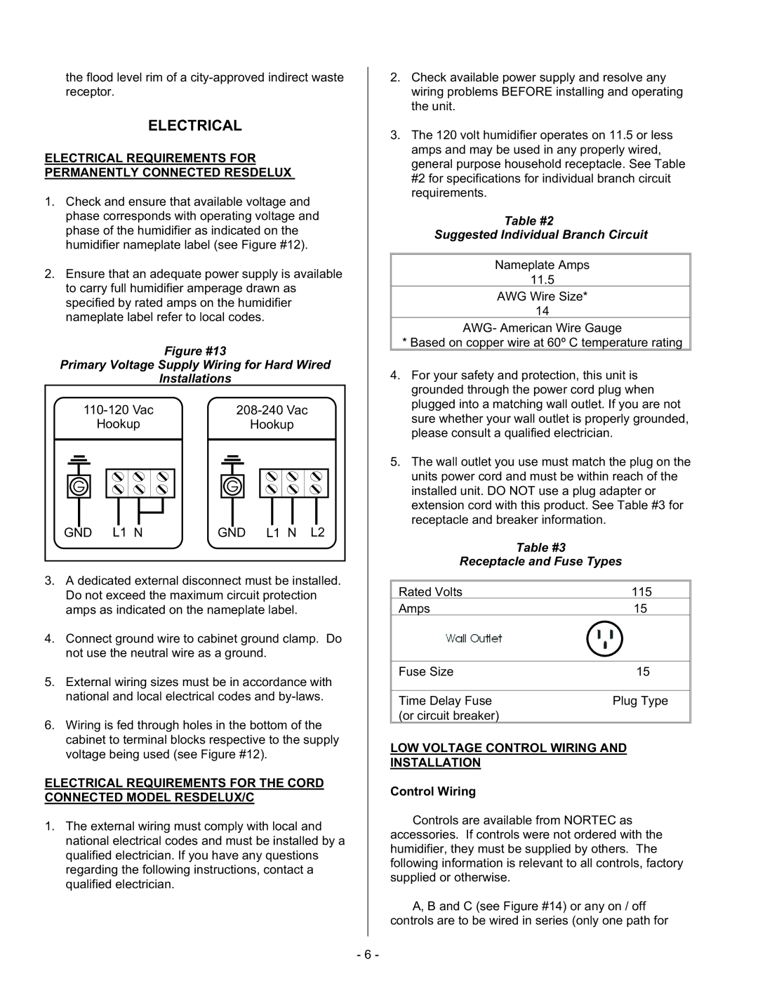 Nortec Steam Humidifiers manual Electrical Requirements for Permanently Connected Resdelux, Control Wiring 