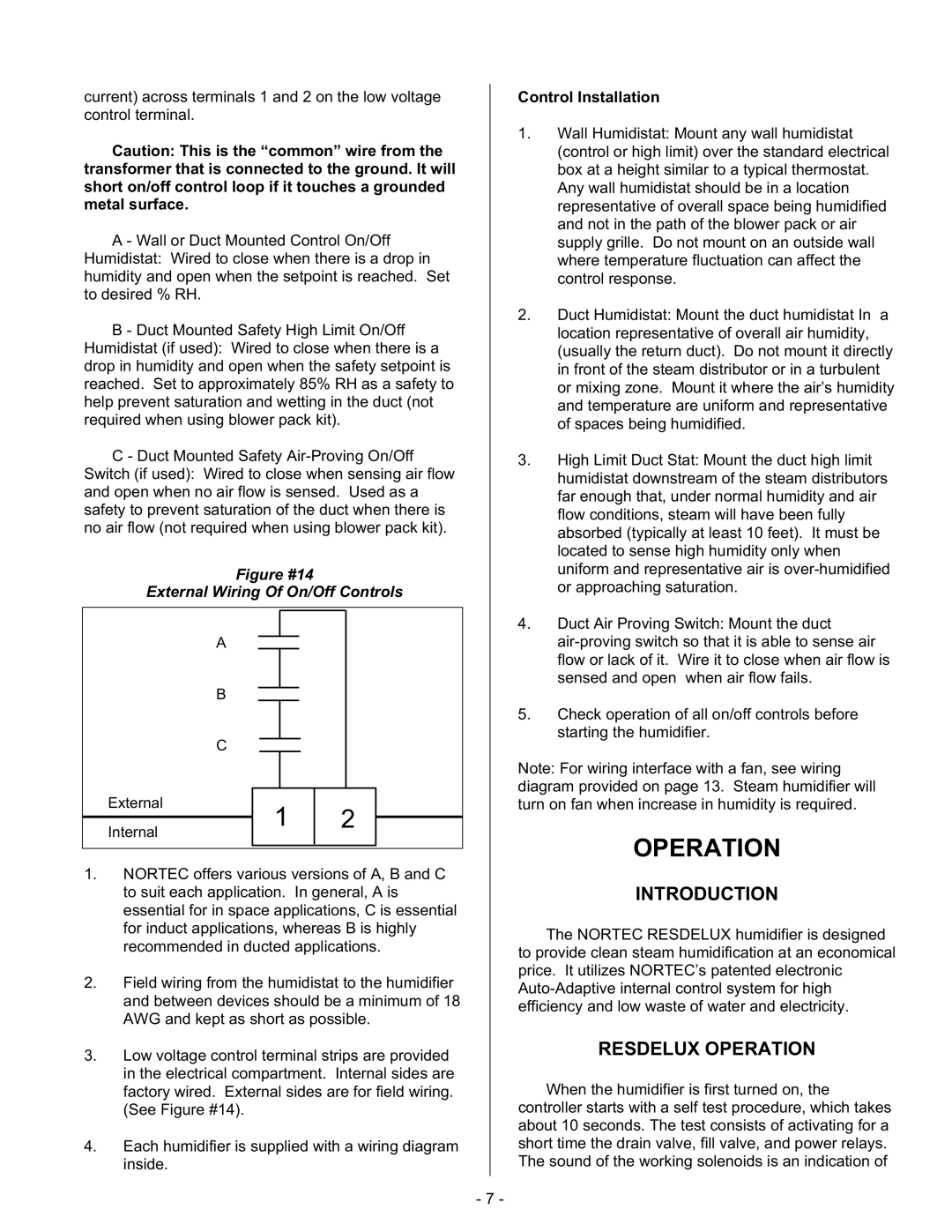 Nortec Steam Humidifiers manual Introduction, Resdelux Operation, Figure #14 External Wiring Of On/Off Controls 