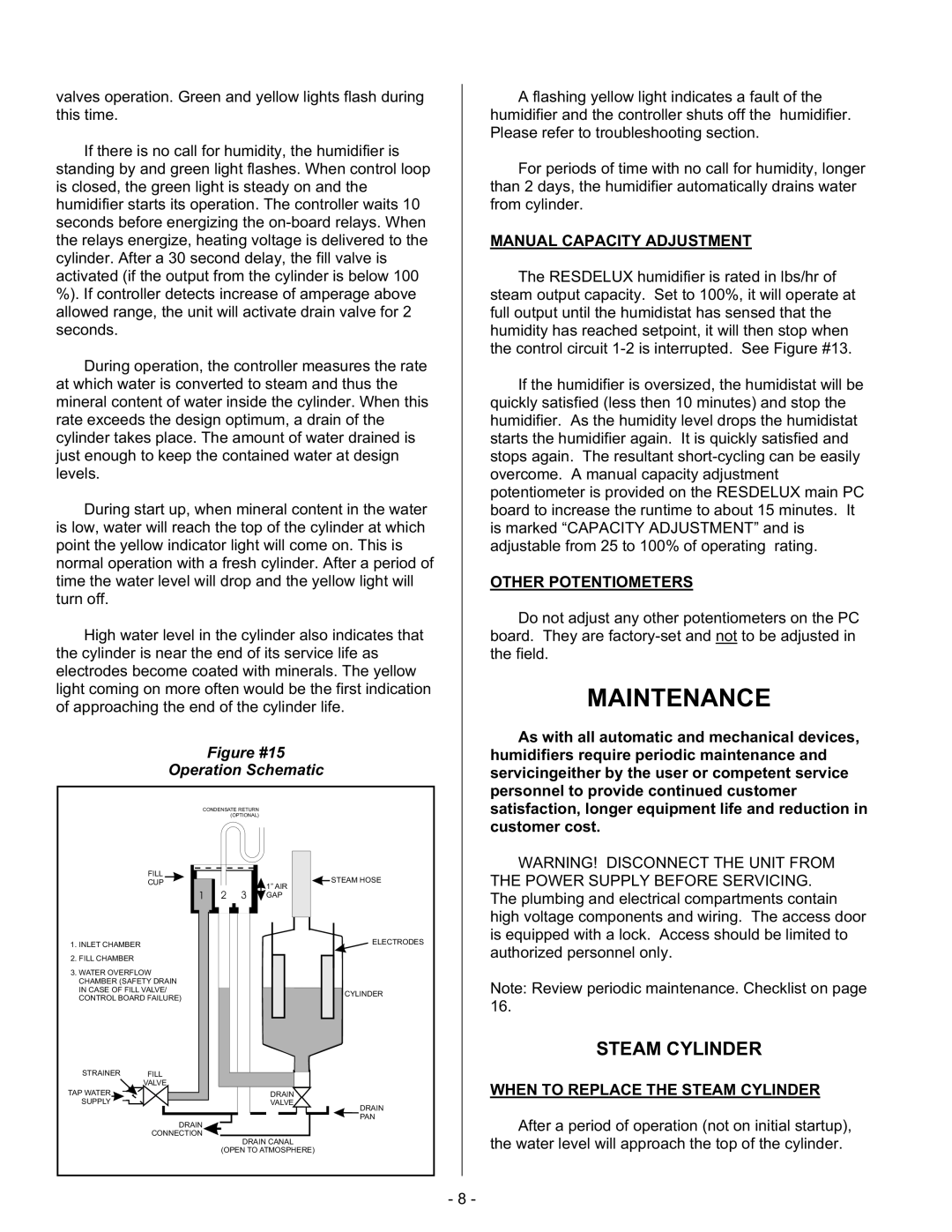 Nortec Steam Humidifiers manual Maintenance, Steam Cylinder, Figure #15 Operation Schematic, Manual Capacity Adjustment 