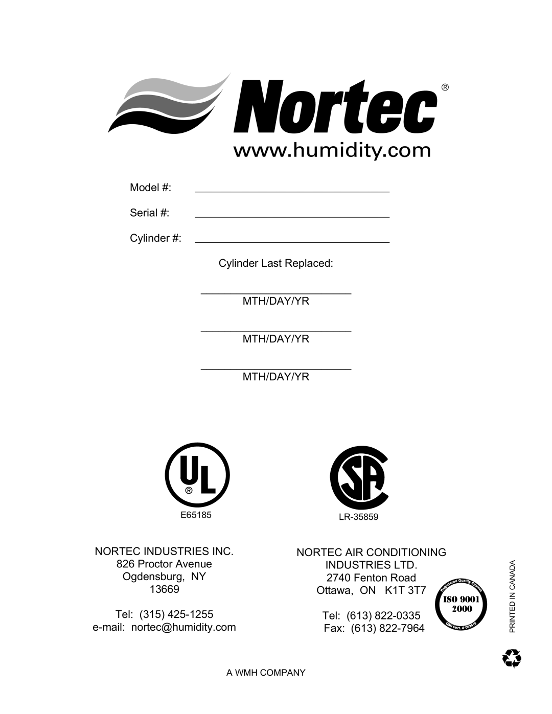 Nortec Steam Humidifiers manual Model # Serial # Cylinder # 