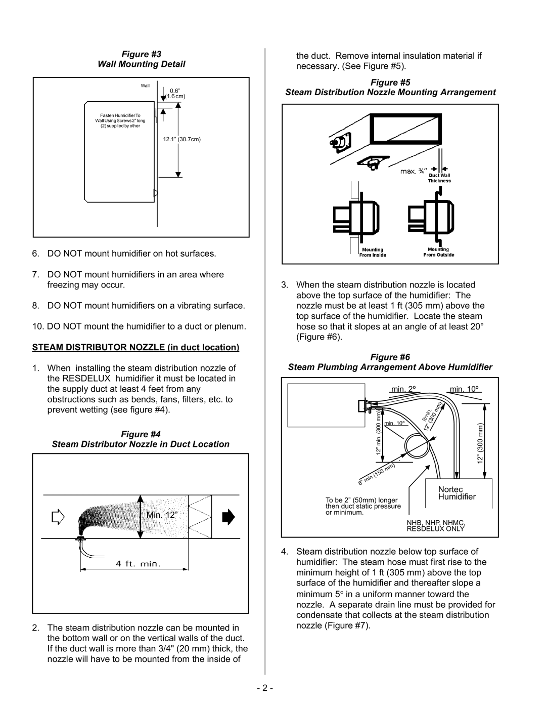 Nortec Steam Humidifiers manual Figure #3 Wall Mounting Detail, Figure #5, Steam Distribution Nozzle Mounting Arrangement 