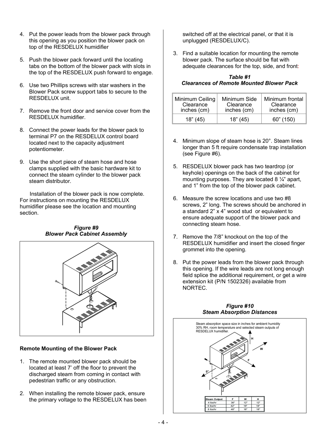 Nortec Steam Humidifiers manual Figure #9 Blower Pack Cabinet Assembly, Remote Mounting of the Blower Pack 