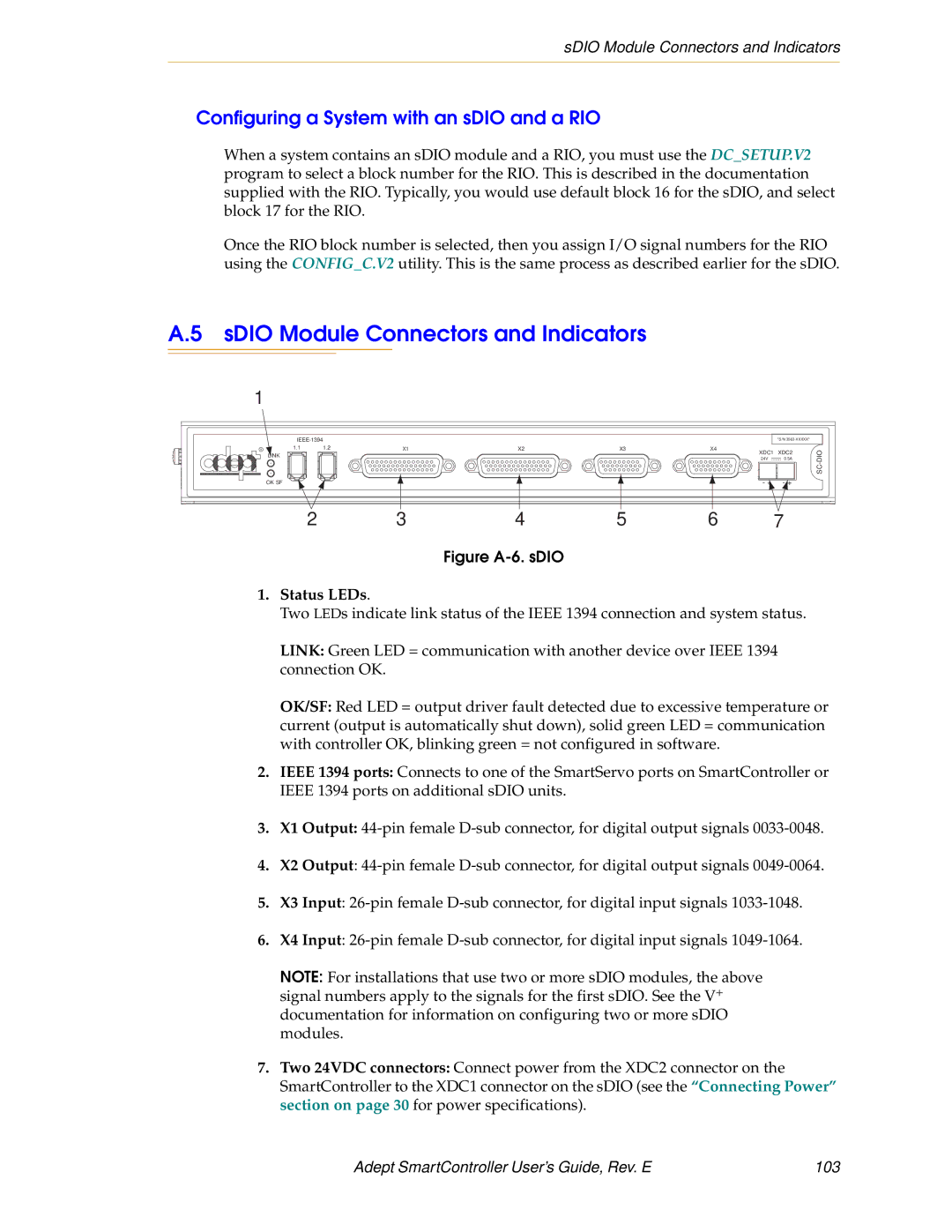 Nortech Systems XSYS, XUSR SDIO Module Connectors and Indicators, Configuring a System with an sDIO and a RIO, Status LEDs 