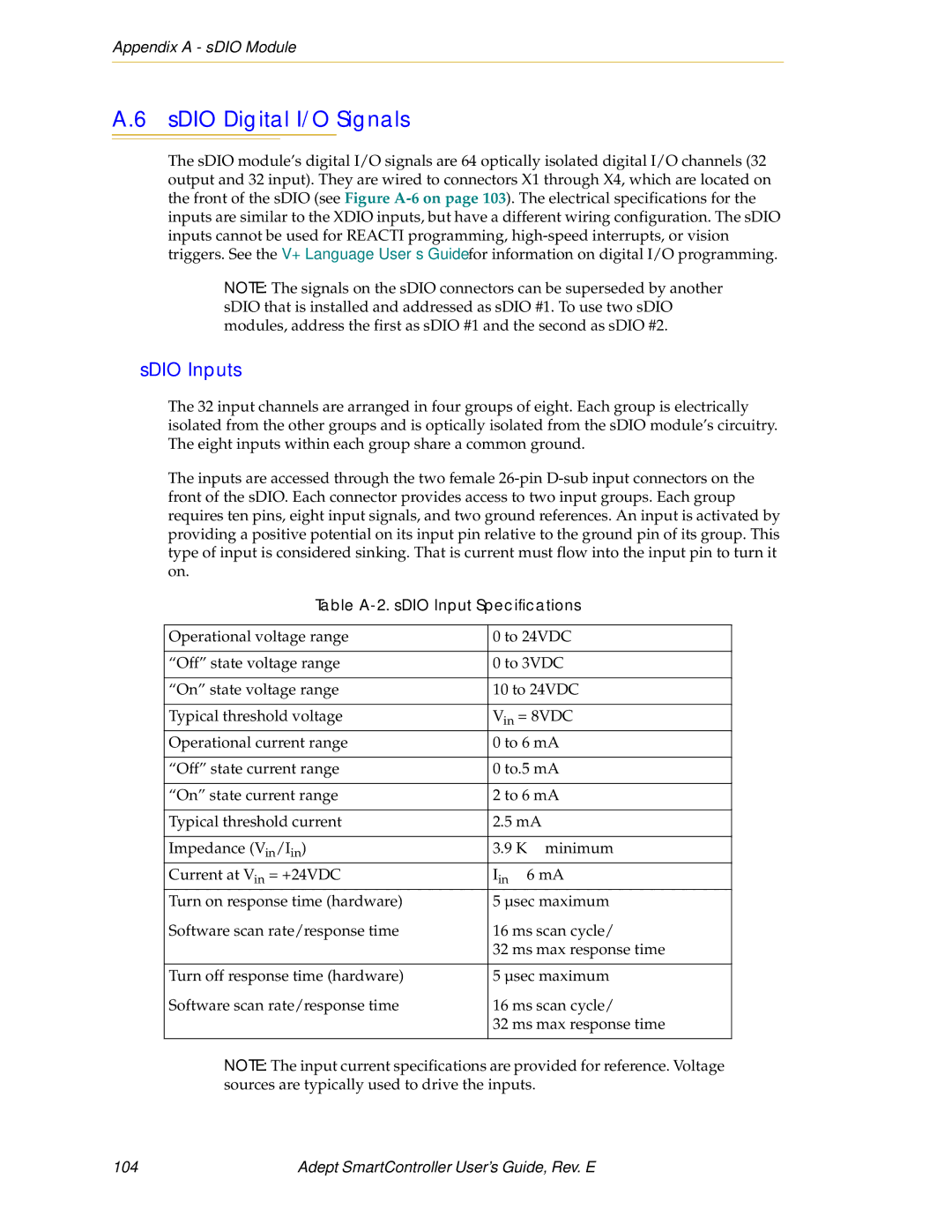 Nortech Systems XUSR, RS-232/TERM, XSYS SDIO Digital I/O Signals, SDIO Inputs, Adept SmartController User’s Guide, Rev. E 