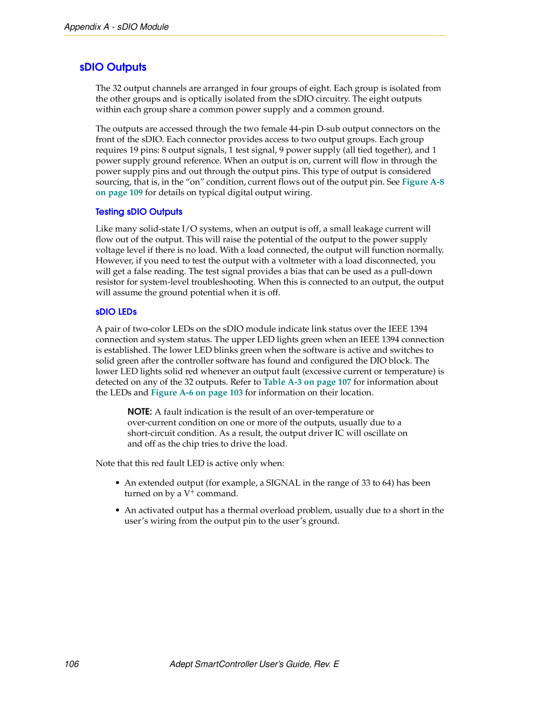 Nortech Systems RS-422/485, XUSR SDIO Outputs, Testing sDIO Outputs, SDIO LEDs, Adept SmartController User’s Guide, Rev. E 