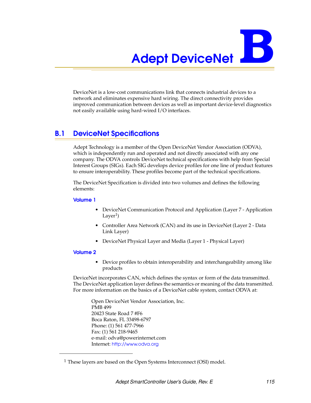 Nortech Systems XSYS Adept DeviceNet B, DeviceNet Specifications, Volume, Adept SmartController User’s Guide, Rev. E 115 