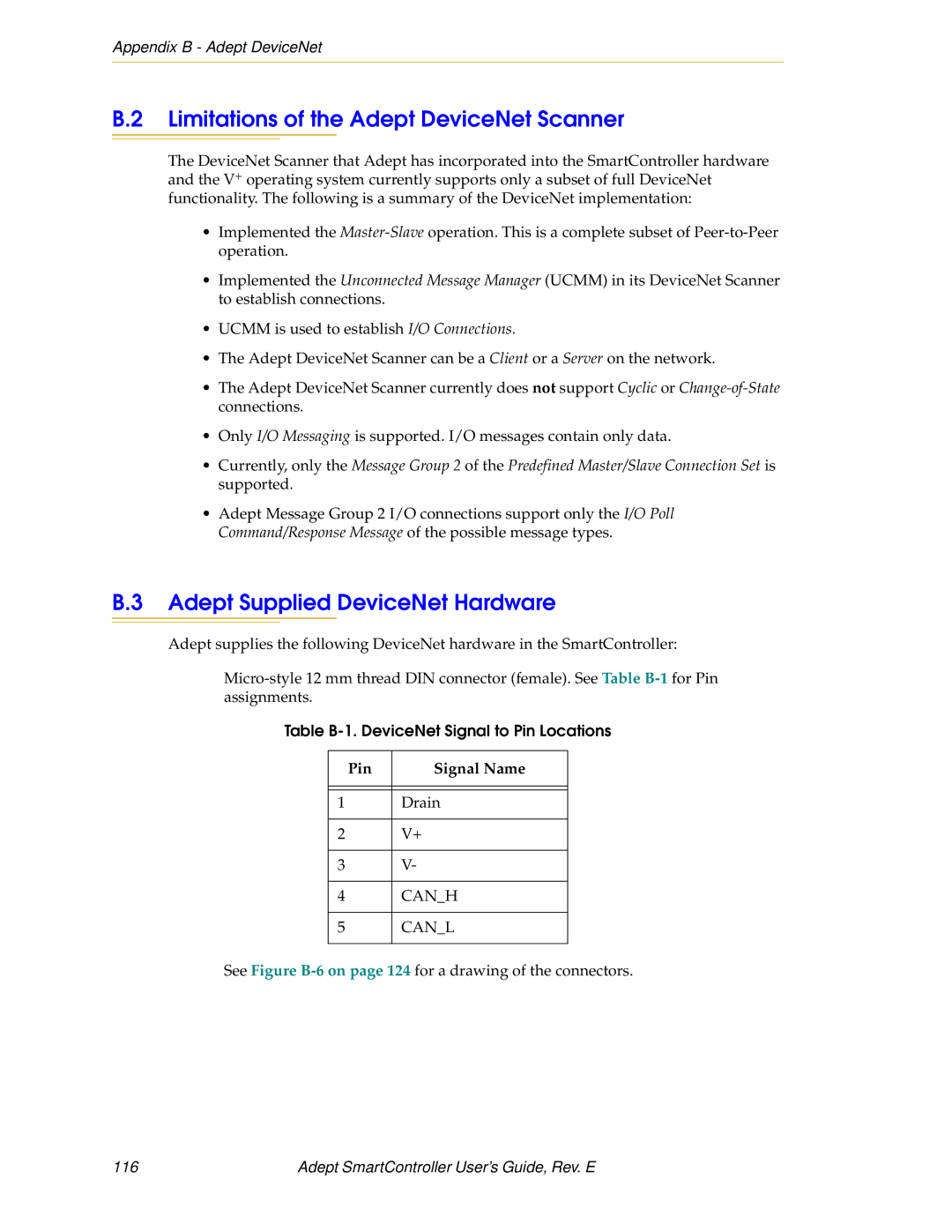 Nortech Systems XUSR, XSYS Limitations of the Adept DeviceNet Scanner, Adept Supplied DeviceNet Hardware, Pin Signal Name 