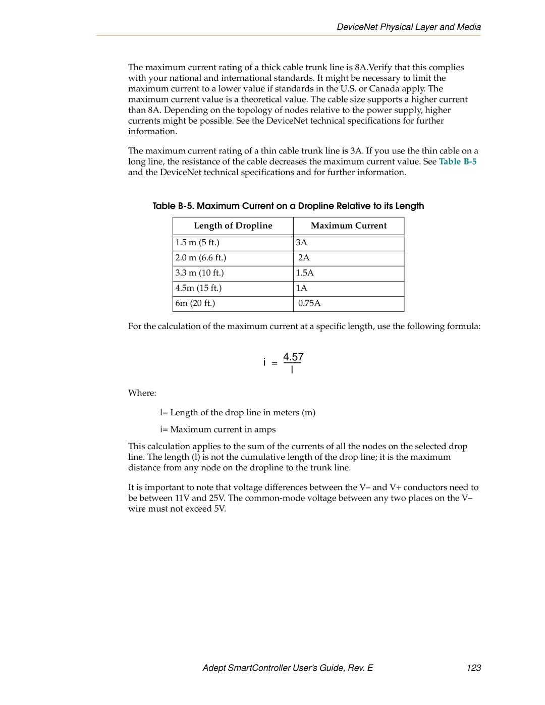 Nortech Systems XSYS, XUSR, RS-232/TERM Length of Dropline Maximum Current, Adept SmartController User’s Guide, Rev. E 123 