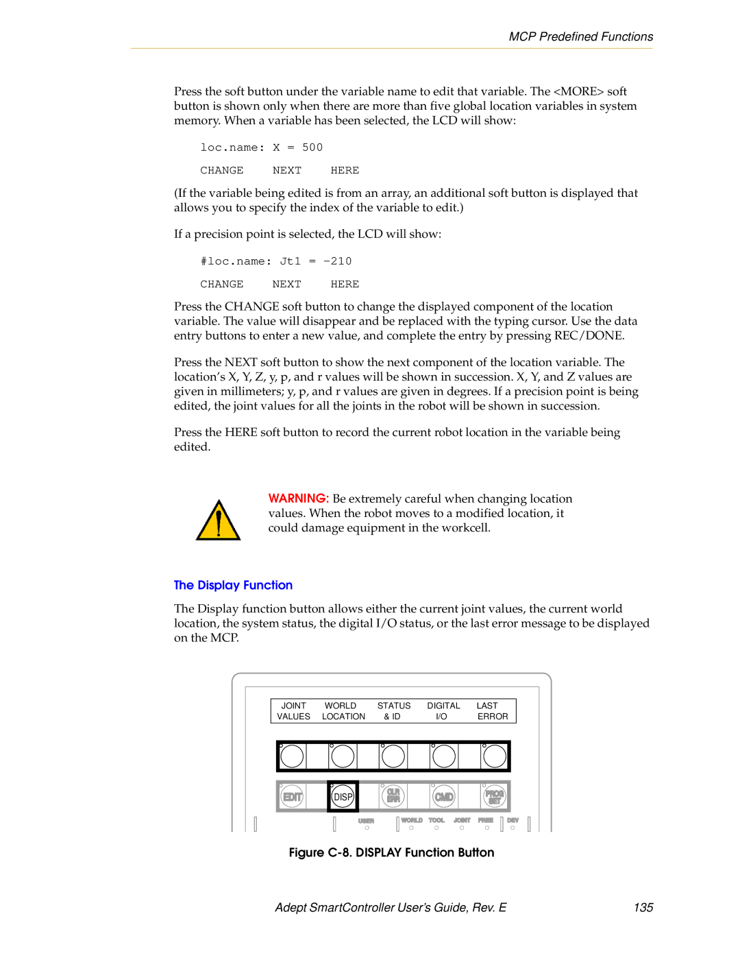 Nortech Systems XSYS, XUSR, RS-232/TERM, RS-422/485 manual Display Function, Adept SmartController User’s Guide, Rev. E 135 