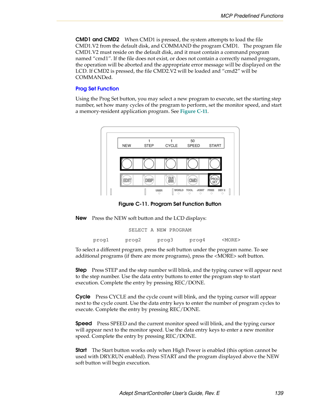 Nortech Systems XSYS, XUSR, RS-232/TERM, RS-422/485 manual Prog Set Function, Adept SmartController User’s Guide, Rev. E 139 